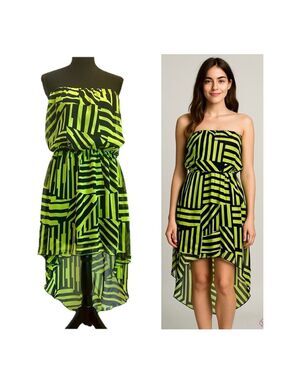 Renee C lime green black strapless High-low geometric striped pattern dress Sz L